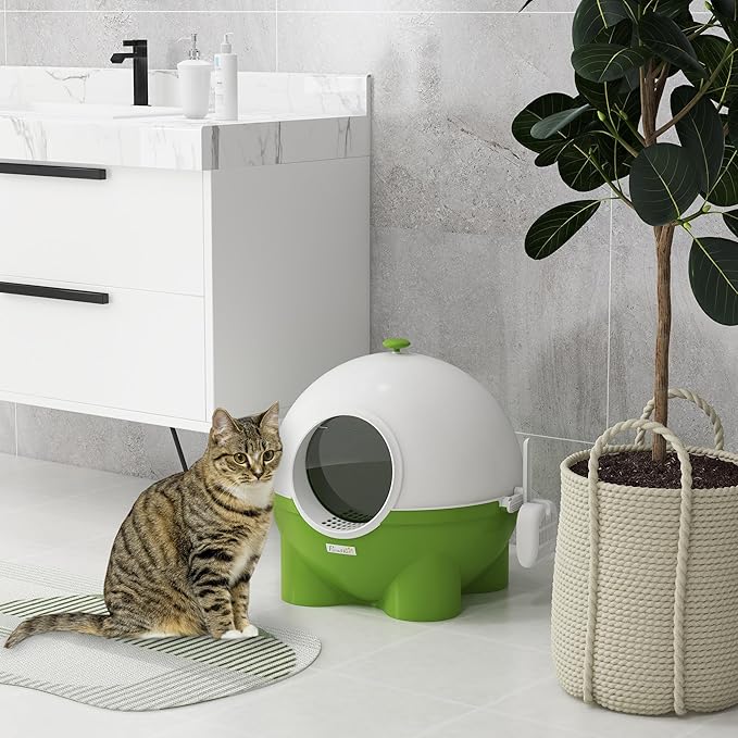 PawHut Hooded Cat Litter Box, Large Kitty Litter Pan with Lid, Scoop, Leaking Sand Pedal, Top Handle, Dark Green-Mewly Pet