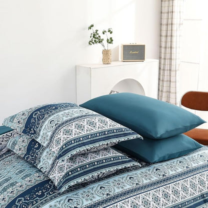 Boho Comforter Set King Size 8 Pieces, Teal Blue Comforter Bohemian Striped Bed in A Bag, Soft Microfiber Bedding Set for All Seasons