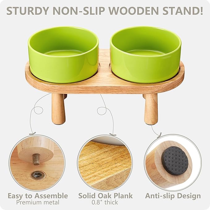 Ceramic Elevated Dog Bowls, Pet Food and Water Bowl Set for Large Dogs, 7.5 Cups Dog Bowls Raised with Wood Stand, 61OZ, Green-Mewly Pet