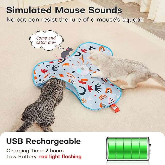 Potaroma Hide and Seek Interactive Cat Toys, Moving Concealed Wand Feather, Automatic Chargeable Indoor Kitten Exercise Kicker, Mouse Squeaky, Floral Cover-Mewly Pet