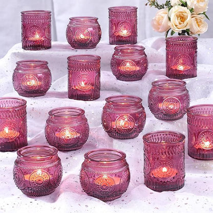 DARJEN 48Pcs Pueple Votive Candle Holders - Vintage Tea Lights Candle Holders, Glass Votives for Party, Wedding Table Centerpieces, Baby Shower Decor & Gift