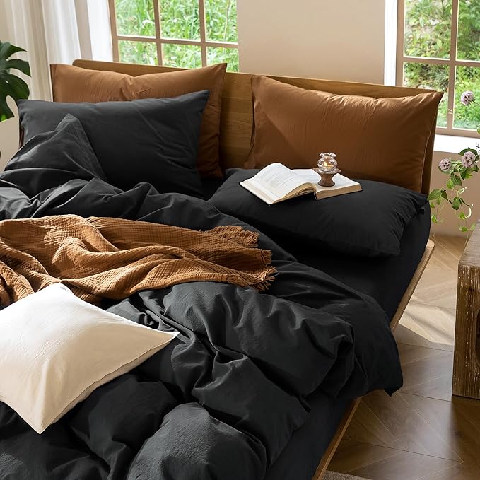 MooMee Bedding Duvet Cover Set 100% Washed Cotton Linen Like Textured Breathable Durable Soft Comfy (Solid Black, Super King 108"x98")