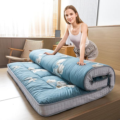 MAXYOYO Floral Printed Futon Mattress, Padded Japanese Floor Mattress Quilted Bed Mattress Topper, Extra Thick Folding Sleeping Pad Breathable Floor Lounger Guest Bed for Camping Couch, Queen Size
