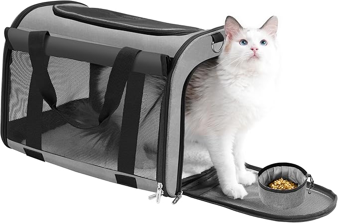 TWDEPART Cat Carrier Backpack - Multifunctional, Firm & Foldable with Roll-Up Shade, Breathable Design Includes Collapsible Bowl & Cushion (Grey)-Mewly Pet