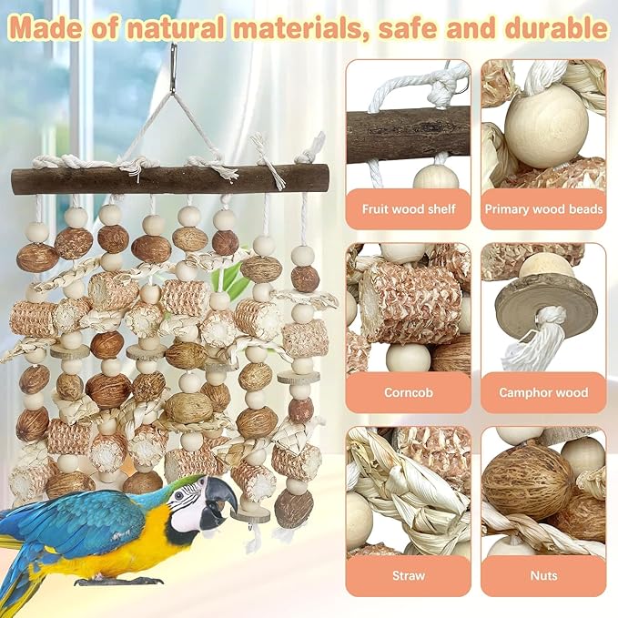 PINVNBY Large Parrot Toys Natural Nuts Corn Cob Wooden Chewing Tearing Toy for African Grey Macaws Amazon Cockatoos Eclectus Conures Cockatiels Cockatoo and Large Medium Birds (Natural)-Mewly Pet
