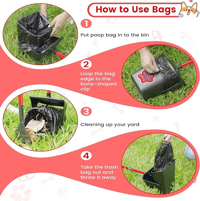 Pooper Scooper Swivel Bin and Rake with 60 Waste Bags, Heavy Duty Dog Poop Scooper for Large Medium Small Dogs, Long Stainless Steel Handle Use on Yard, Grass, Dirt or Gravel-Mewly Pet