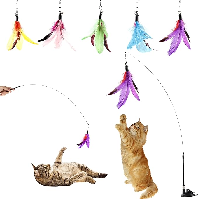 Cat Feather Toys Interactive Cats - Dorakitten Cat Powerful Suction Cup Handheld Teaser Wand Toy and 5PCS Replacement Feather with Bell for Kitty Kitten Scratching Exercise Indoor-Mewly Pet