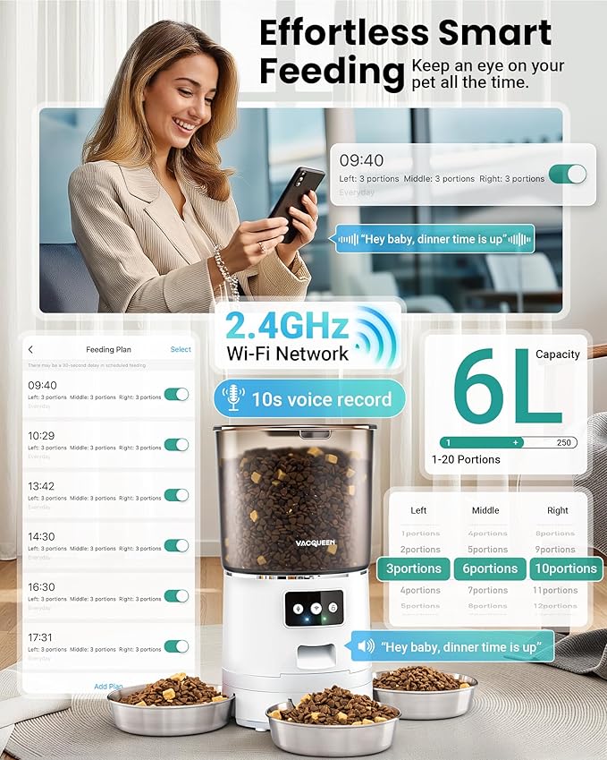 Automatic Cat Feeder for 3 Cats, 6L/25 Cups Smart WiFi Pet Feeder, Strong Anti-Jam System, Dual-Effect Desiccant Cat Food Dispenser, with 10S Voice Recorder for Cats and Small Dog(White)-Mewly Pet