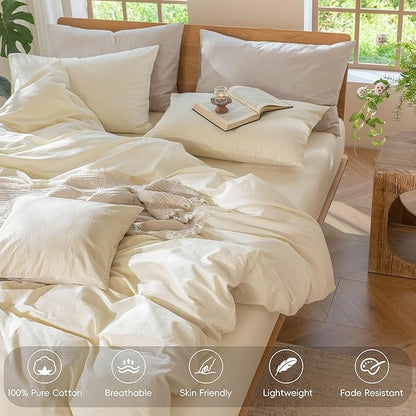 MooMee Bedding Duvet Cover Set 100% Washed Cotton Linen Like Textured Breathable Durable Soft Comfy (Solid Cream White, Full 80"x90")