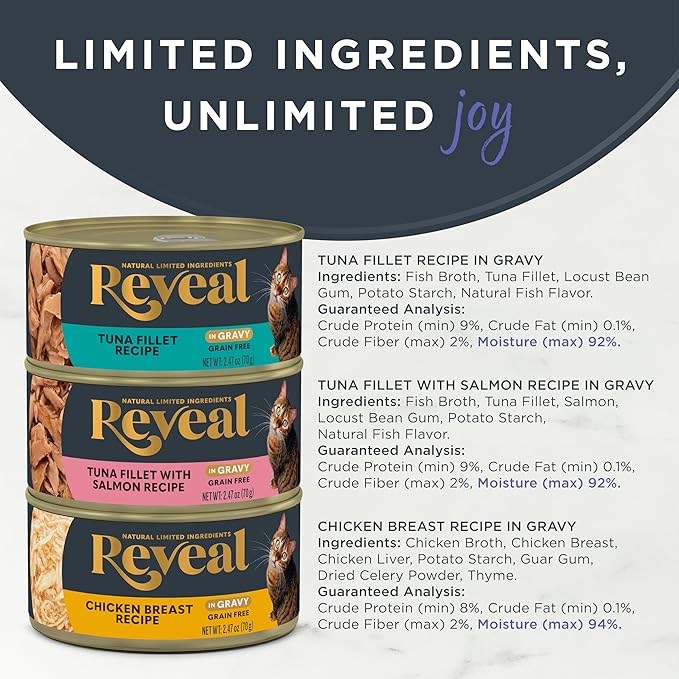 Reveal Natural Wet Cat Food, 12 Count, Grain Free, Limited Ingredient Canned Food for Cats, Fish and Chicken Variety in Gravy, 2.47 oz Cans-Mewly Pet