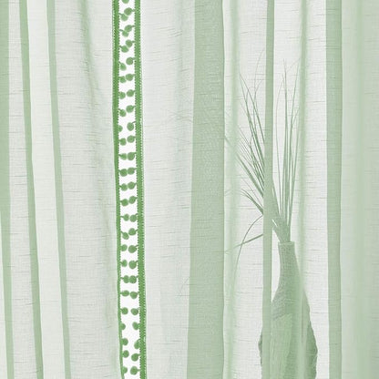 Treatmentex Pompom Sheer Green Curtains for Bedroom 72" Length Nursery Room Slub Textured Window Curtain Drapes for School Kindergarten 52" w x 2 Pack Rod Pocket, Sage Green