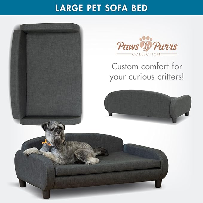 Paws & Purrs Multi-Cat Sofa Bed – 41.5″ Wide Elevated Pet Couch with 3″ Foam Mattress, Removable Machine-Washable Cover – Stylish Indoor Pet Furniture for Two or More Cats and Dogs, Gray-Mewly Pet