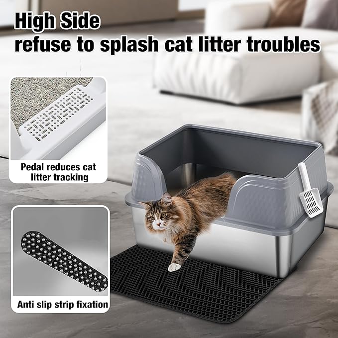 Suhaco Extra Large Stainless Steel Litter Box with Lid XXXL High Sided Cat Litter Boxes Included Litter Mat & Litter Scoop Anti-Urine Leakage Metal Pet Toilet for Big Cats (Grey XXXL)-Mewly Pet