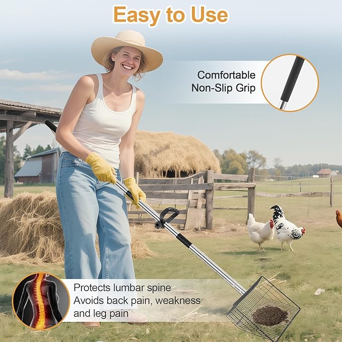 15" Chicken Poop Scooper & Rake, Metal Chicken Coop Scoop for Poop with 24 to 68" Adjustable Stainless Steel Handle, Litter Scooper Sifting Shovel Chicken Coop Accessories-Mewly Pet