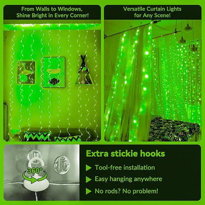 HXWEIYE 300LED Fairy Curtain Lights, 9.8x9.8Ft USB Plug-in 8 Modes Christmas String Hanging Lights with Remote for Bedroom Backdrop Wedding Party Indoor Wall Decor, Green, Standard