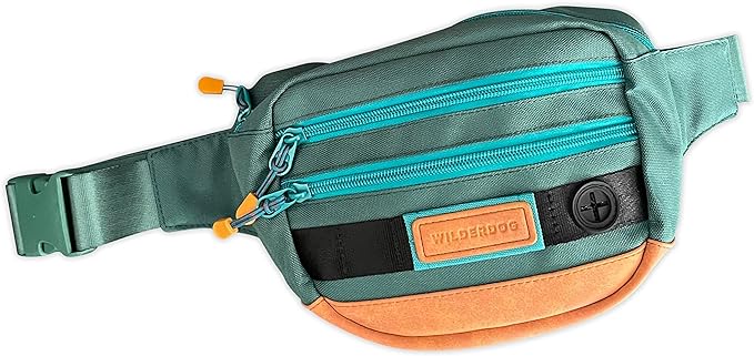 Wilderdog Utility Fanny Pack stores Treats, Balls, Keys in 3 Pockets with adjustable strap and Poop Bag dispenser (Evergreen)-Mewly Pet