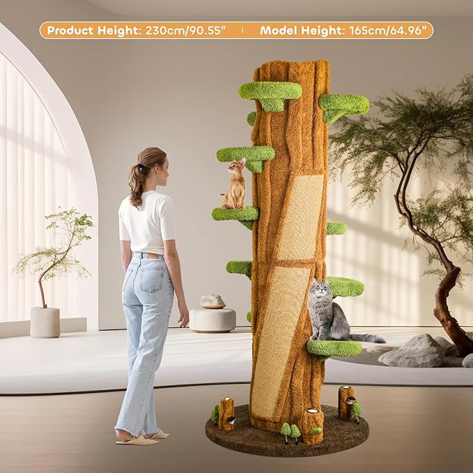 90.5'' Luxury Cat Tree for Indoor Cats, All-in-One Tall Cat Tower with Scratching Post, Multi-Level House, Wood Condo for Multi-Cat Families (Green)-Mewly Pet