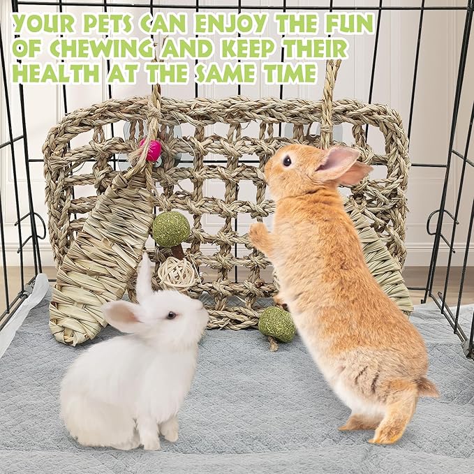 Hamiledyi Rabbit Seagrass Mat Hanging Bunny Chew Toys for Teeth Rabbit Enrichment Activity Mat Small Animal Toys for Guinea Pigs Chinchillas Gerbils Birds-Mewly Pet