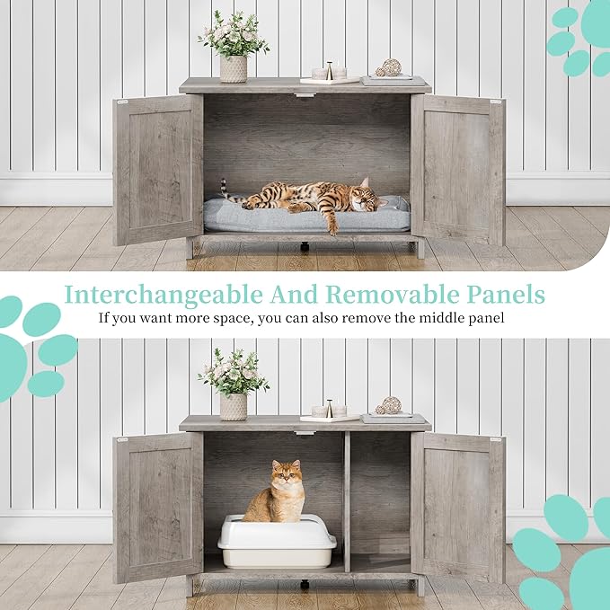 Vongrasig Cat Litter Box Enclosure,Litter Box Furniture Hidden with Barn Door,Wooden Cat Washroom Furniture,Cat House,End Table, Fit Most of Litter Box, Grey-Mewly Pet