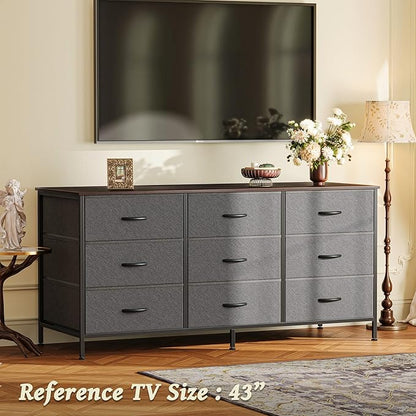 Huuger 9 Drawer Dresser for Bedroom, 47 Inch Dresser TV Stand for 50, 55 Inch TV, Entertainment Center for Bedroom, Fabric Storage with Drawer, Closet, Dark Grey