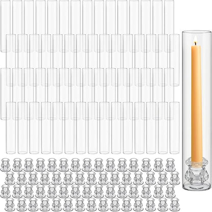 60 Set Christmas Glass Hurricane Candle Holders 12.6" Open Ended Glass Candleholder Tube Shape Bottomless and 2.2" Taper Clear Candlestick Holders for Wedding Party Table Centerpiece (Clear)