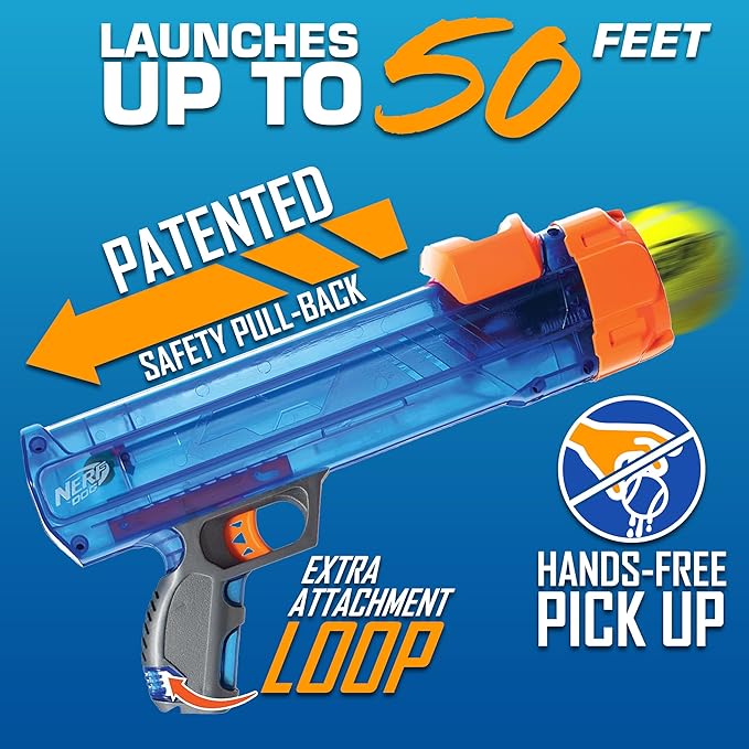 Nerf Dog Tennis Ball Blaster Dog Toy Gift Set, Tennis Ball Dog Fetch Toy Launches up to 50 ft, Dog Ball Thrower for All Breeds Includes Translucent Blue Tennis Ball Launcher and 3 Dog Tennis Balls-Mewly Pet