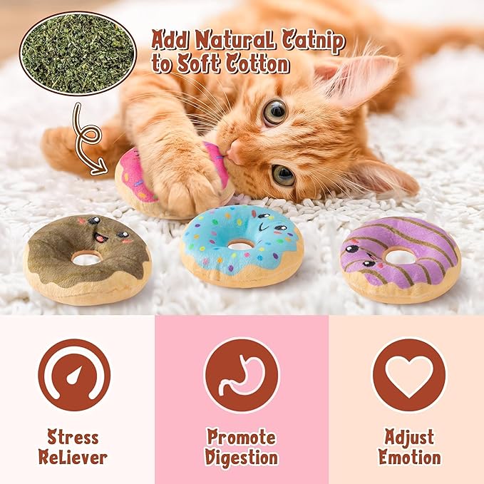 L1rabe Fall Donut Catnip Stuffed Toys - 5Pcs Funny Dessert Cat Toys Black Cat Appreciation Day Pet Supplies, Indoor Cats Chew Bite Teething Tools Kittens Catmint Birthday Gifts Interactive Supplies-Mewly Pet
