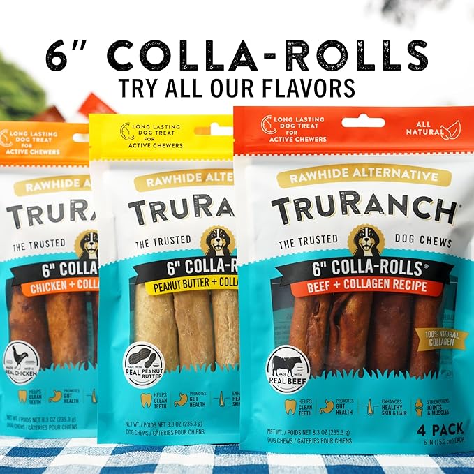 Collagen Rolls - 6" Collagen Rolls for Dogs - Long Lasting Healthy Joint Support - Rawhide Alternative - Skin & Coat Health - Made with Real Peanut Butter, Value Pack, 3 Bags, 12 Count-Mewly Pet