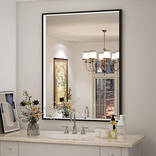 36x28 Inch LED Bathroom Mirror with Light,Black Metal Frame Lighted Vanity Anti Fog Dimmable Touch Switch