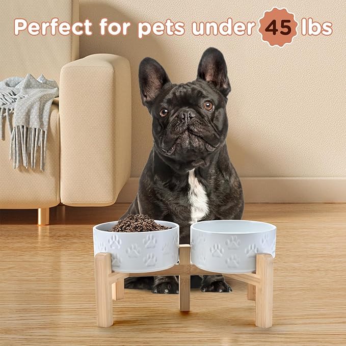 SPUNKYJUNKY Elevated Dog Bowls Ceramic, 6.1'' Dogs and Cat Food Water Bowls Raised with Non-Slip Bamboo Stand for Medium Sized Breed Microwave Dishwasher Safe - 28.7 OZ,Paw White-Mewly Pet