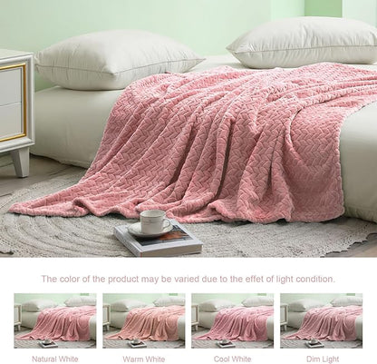 Exclusivo Mezcla Fleece Queen Size Blanket for Bed, 90x90 Inches Soft Cozy Jacquard Flannel Blankets, Lightweight Fuzzy Plush Warm for Winter, Pink