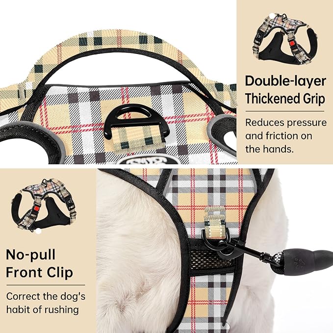 IVY&LANE No Pull Dog Harness with Leash Set, Reflective No Choke Pet Vest,Adjustable Oxford Dog Vest Harness with Easy Control Handle for Small Dogs (Checkered Beige,S)-Mewly Pet