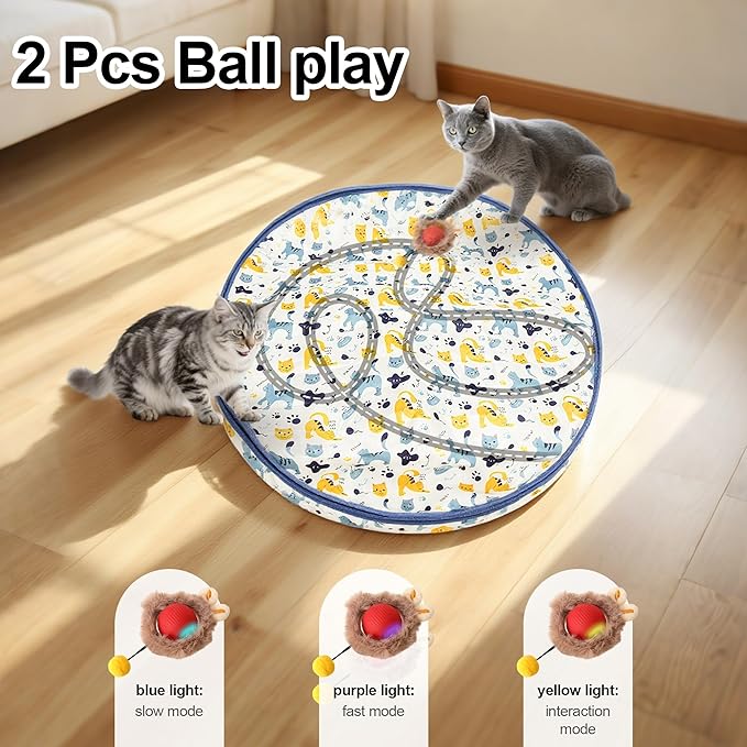 Interactive Cat Toys Ball - 2pcs Automatic Fast Rolling Ball in Play Mat, Hide and Seek Mouse Catching Game, Low-Noise Cat Enrichment Toys in Pouch for Indoor Bored Cats(Paw Print Pattern - Square)-Mewly Pet