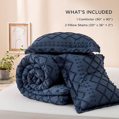Bedsure Queen Comforter Set - Navy Blue Comforter, Boho Tufted Shabby Chic Bedding for Kids, 3 Pieces Vintage Farmhouse Bed Set for All Seasons, Fluffy Soft Bedding with 2 Pillow Shams