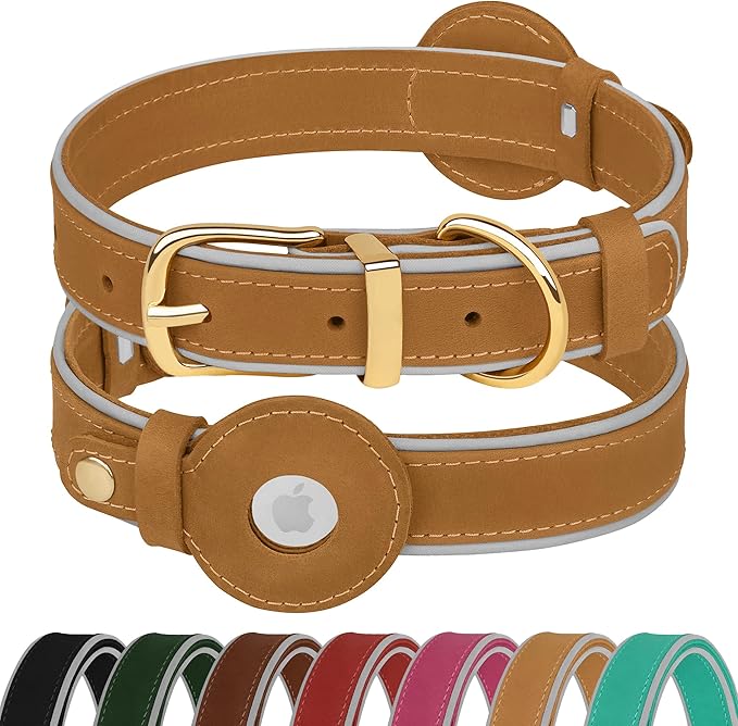OOPSDOGGY Reflective Geniune Leather Airtag Dog Collar Soft Padded Collars for Small Medium Large Breed Dogs Puppy, 4 Sizes, 7 Colors (Camel, Small, 9"-12")-Mewly Pet
