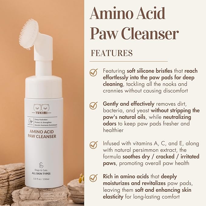YUKIMI Premium Amino Acid Paw Cleanser with Silicone Bristle Brush for Dogs & Cats | Dermatologist Certified Hypoallergenic | Hydrating, Soothing, Deodorizing, Moisturizing | pH Balanced - 5.0 Fl Oz-Mewly Pet