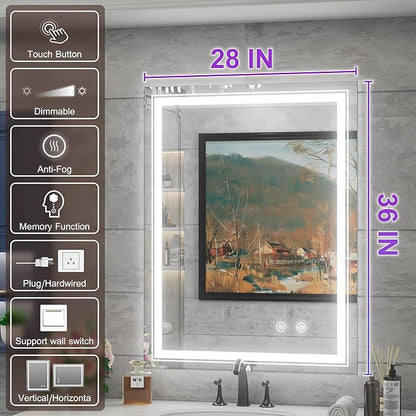 28x36 Inch LED Bathroom Mirror with Lights, Adjustable 3000K/4500K/6000K, Wall Mounted Lighted Bathroom Vanity Mirror, Memory Funtion, Stepless Dimmable, Anti-Fog, Horizontal/Vertical