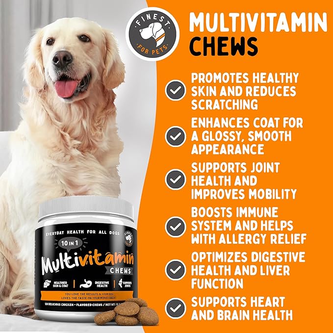 Multivitamin Dog Supplement – 10 in 1 with Omega Fish Oil & Glucosamine for Improved Joint & Skin Support, Gut, Digestion & Immune Everyday Health (120 Chewable Treats)-Mewly Pet