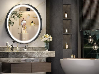 Hasipu 32 Inch Round LED Mirror for Bathroom with Lights, Black Circle Vanity Mirror for Wall, Metal Framed Frontlit Bathroom Mirrors Anti-Fog, Dimmable, 3 Colors Lighted Makeup Mirror Wall Mounted