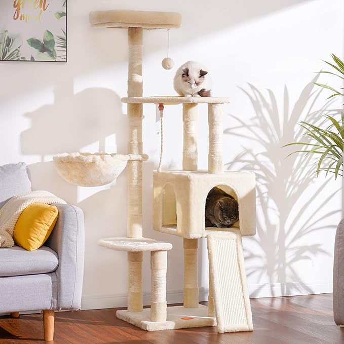 Heybly Cat Tree, Cat Tower for Indoor Cats with Scratching Board, Multi-Level Cat Furniture Condo with Feeding Bowl, Beige HCT010MM-Mewly Pet