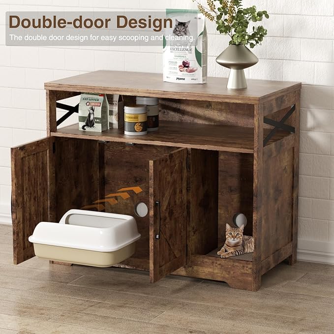 Cat Litter Box Enclosure, Hidden Litter Box Furniture with Scratch Pad, Farmhouse Indoor Cat House Washroom End Table, Rustic Brown