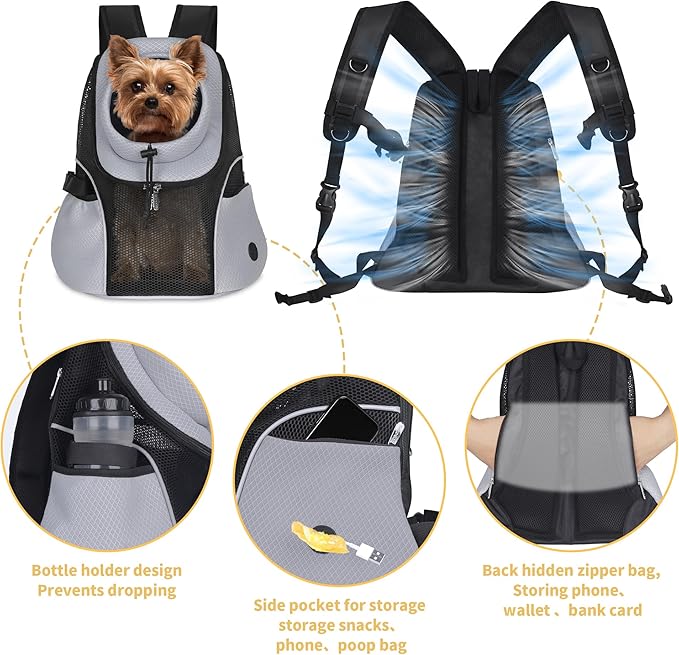 WOYYHO Pet Dog Carrier Backpack Small Dog Front Backpack Ventilated Mesh Dog Travel Back Pack with Safety Belt for Travel Hiking Cycling Outdoor Adventures (Size S: 2-4.5 lbs, Grey)-Mewly Pet