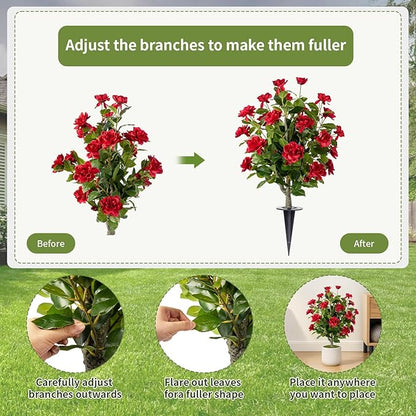 Artificial Camellia Tree 2 Pack with Spike, Artificial Plants Outdoor Faux Floral Plant in Cement Pot Fake Silk Camellia Tree Plants for Home House Living Room Office Decor