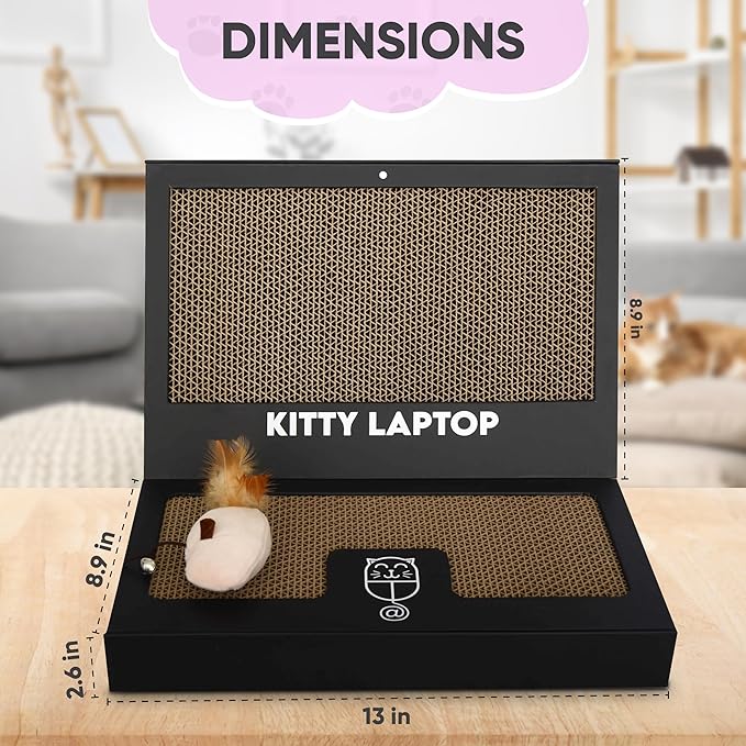 Toy Cat Laptop with 2 Scratchboards + Catnip Mouse Toy for Cats + 50pack Cat Sticker - Interactive Eco-Friendly Cat Computer with Scratch Pad Laptop for Cats - Mini Cat Laptop-Mewly Pet