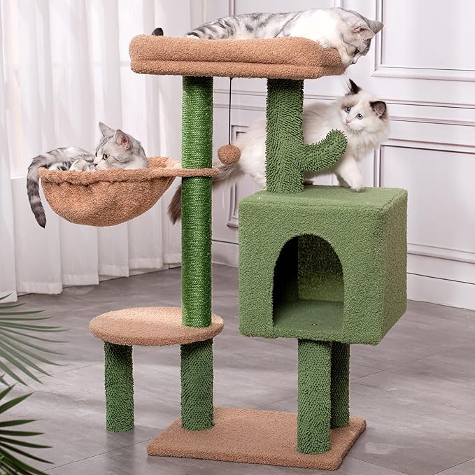 Cactus Cat Tree Small Cat Tower with 32 Inches Scratching Post with Cats Condo House, Cozy Hammock and Removable Top Bed and Dangling Ball for Indoor Cats-34” Green-Mewly Pet