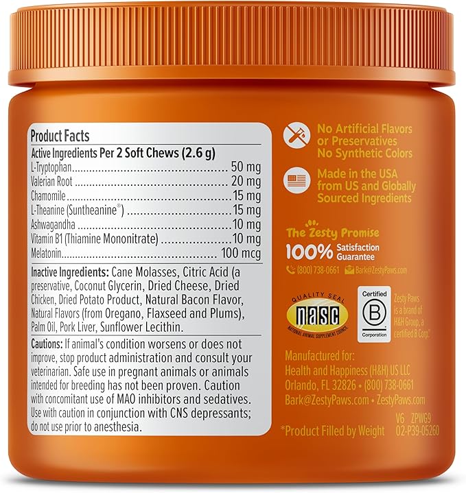 Zesty Paws Calming Chews for Cats - Composure & Relaxation for Everyday Stress & Separation - with Ashwagandha, Organic Chamomile, L-Theanine & L-Tryptophan – Bacon - 60 Count - Cat-Mewly Pet