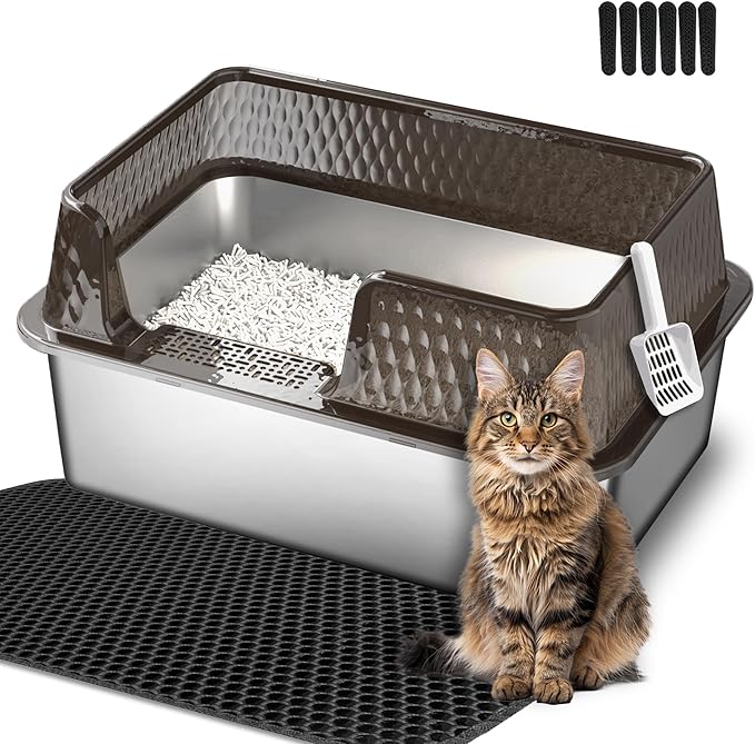 Suhaco Stainless Steel Litter Box Side Entry, Kitty Litter Mat and White Scoop Included Covered Metal High Sided Extra Large Cat Litter Box with Lid Removable Enclosure for Medium Cats (Tall Black)-Mewly Pet