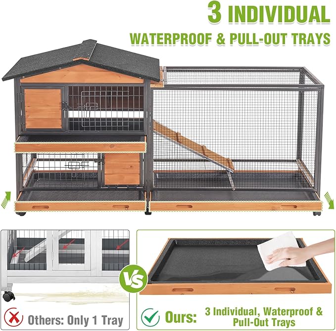 GUTINNEEN 2-Story Rabbit Hutch with Chew-Proof Full Metal Frame for Indoor/Outdoor - 62" Bunny Cage with 6 Locking Casters & 2 Pull-Out Trays for Rabbits, Guinea Pigs, Small Pets (Brown)-Mewly Pet