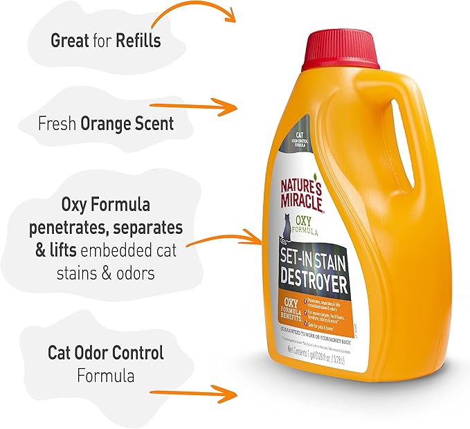 Nature’s Miracle Set-In Stain Destroyer, 1 Gallon, For Cat Messes, Oxy Formula With Orange Scent-Mewly Pet