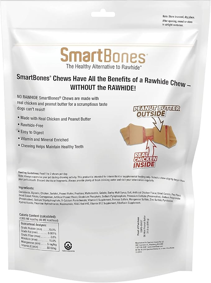 SmartBones Mini Bones With Real Peanut Butter 56 Count, Rawhide-Free Chews For Dogs-Mewly Pet